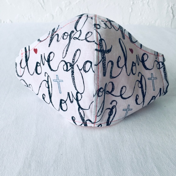 FACE MASK WHITE  BLACK WITH LOGO FAITH HOPE LOVE - Picture 2 of 8